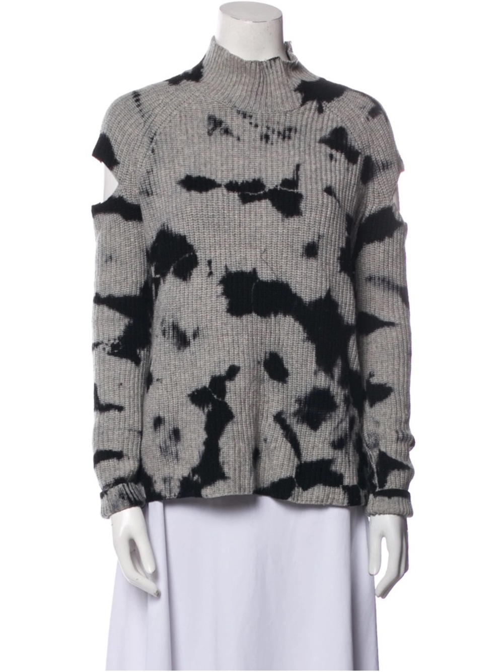 Zoe Jordan Gray and Black Tie-Dye Mock Neck Cut Sleeve Cashmere & Wool Sweater